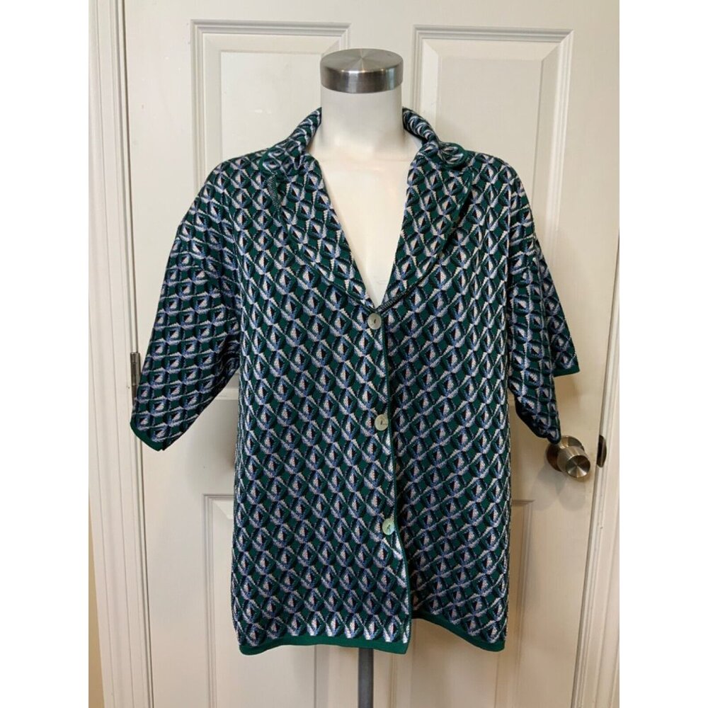 Zara Green Blue White Diamond Short Sleeve Knit Jacket, Size M